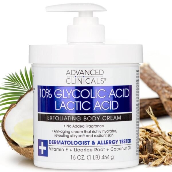 Advanced Clinicals 10% Glycolic Acid + Lactic Acid Exfoliating Body Cream – 454g